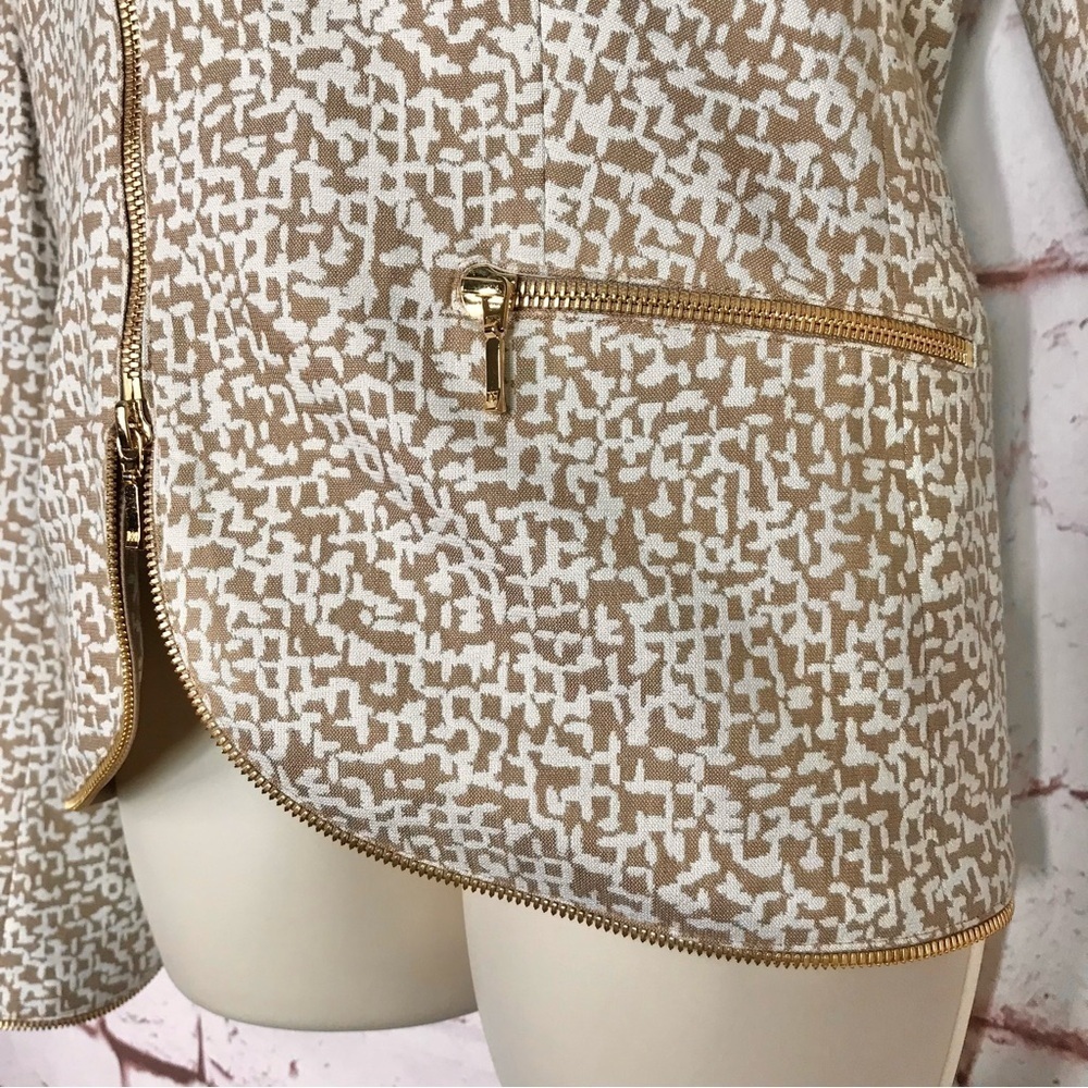 ESCADA M Tan & Cream print Gold Zipper detail Moto vibe Size EU 44 jacket blazer - Picture 5 of 15